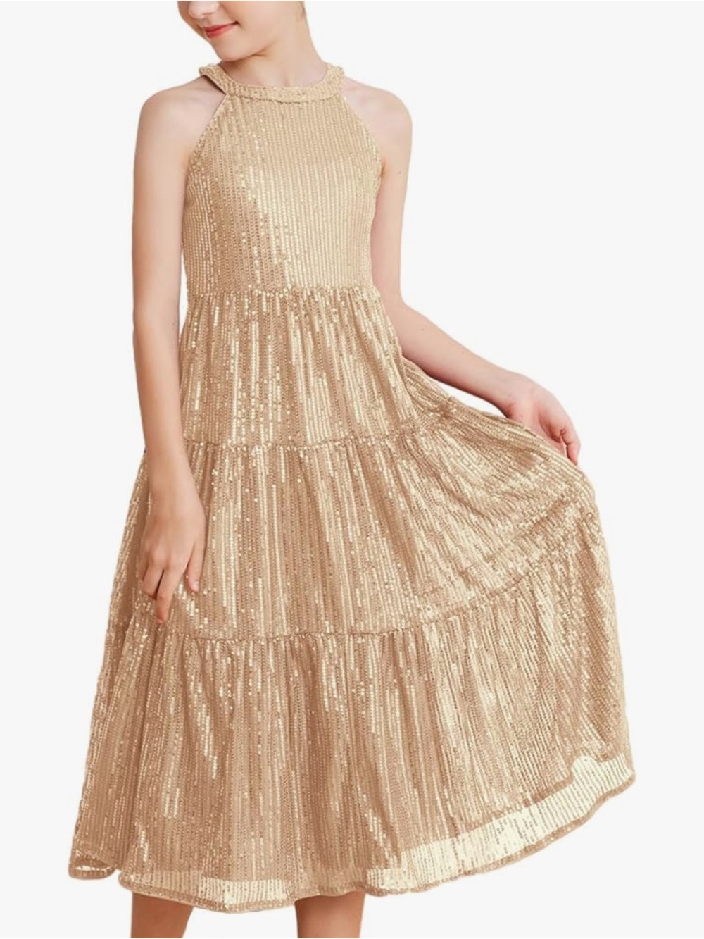 Grace Karin 12 Y Gold Sequin Tiered Halter Dress